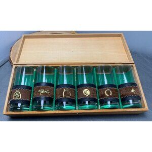 Vintage Horse Racing Glass 8oz Set W/Leather & Faux Fur Bands In Wooden Box